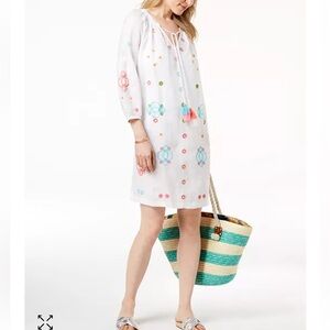 Charter Club White‎ Linen Embroidered Peasant Dress. M